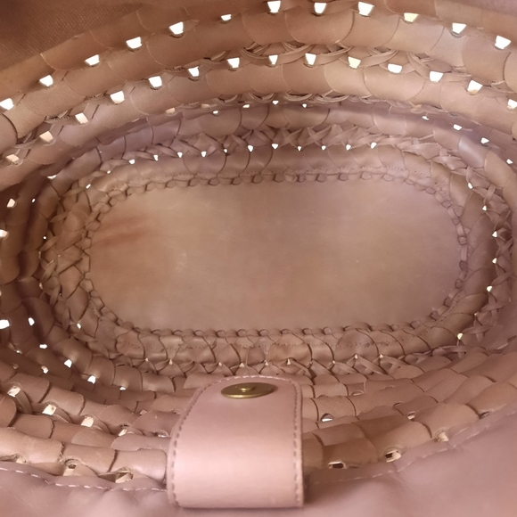 Rare FRYE Leather Woven Tote Shoulder Bag Satchel Taupe Basket Weave Boho - Picture 14 of 16